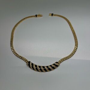 Swarovski Black Enamel & Crystal Rhinestones Gold Toned Necklace Vintage